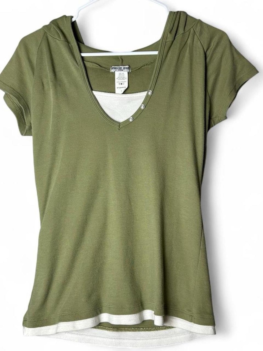 American Dream Moss Green Layered V-Neck Hooded Tee